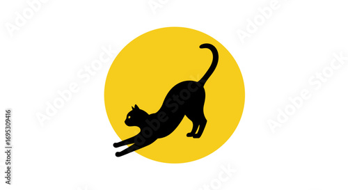 Silhouette of a black cat stretching elegantly against a bright yellow circular background, conveying a sense of movement and grace.
