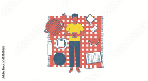 relaxing picnic scene man on checkered blanket with food, books, and drinks