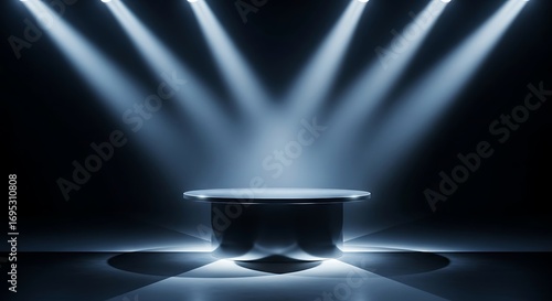 Futuristic presentation stage with an empty podium under bright spotlights. Abstract background for showcasing a product or award concept