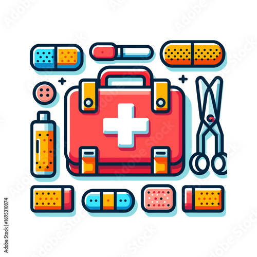 first aid kit icon with bandages and scissors