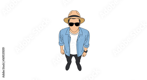 stylish man in sunglasses and hat, summer fashion illustration, casual outfit, top view