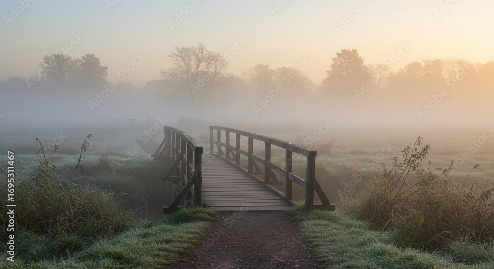 Naklejka premium Wooden bridge crossing foggy landscape at sunrise in autumn