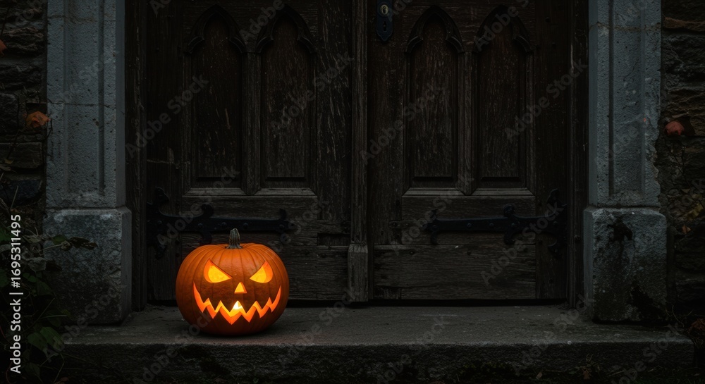 Obraz premium Jack-o'-lantern glowing on stone steps by an old wooden door 
