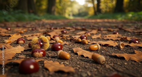 Acorns and chestnuts scattered on forest path covered in leaves  