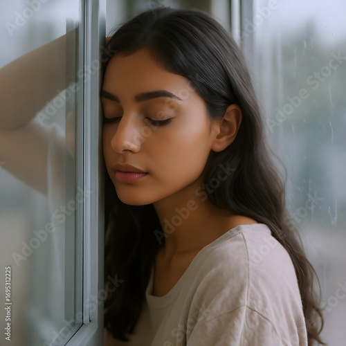 Free Download Young Woman Resting Head Against Window with Eyes Closed — Calm Sad Mood, Reflective Emotional Moment Indoors, Natural Light Portrait   - GFXLoad