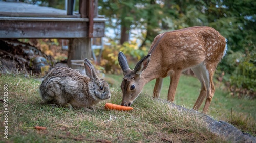 Domestic rabbit eating carrot backyard while wild deer grazes nearby unique pet and wildlife harmony captured in natural setting