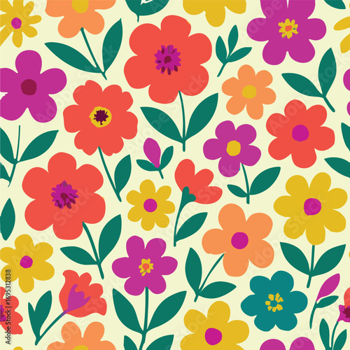 Colourful Floral Pattern Flower Spring Cute Leaf Nature Summer Texture Design Vector Decoration Graphic Illustration Pink Orange Yellow Green Print