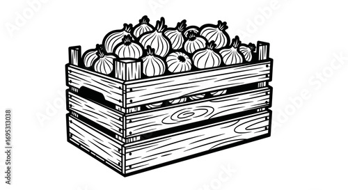 wooden crate full of onions, fresh harvest, farm produce, rustic design, black and white illustration