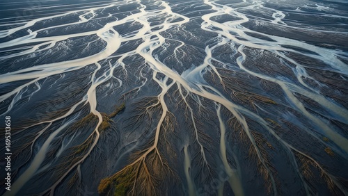 Aerial view of a vast, intricate network of river channels weaving across a flat land