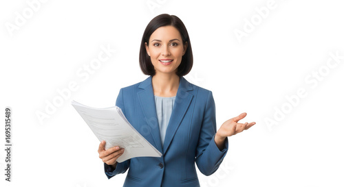 Businesswoman presenting documents professional woman in suit holding papers presentation concept image on transparent background