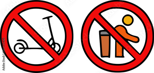 A set of two prohibition signs, one for no scooters and one for no rummaging or scavenging in trash cans.