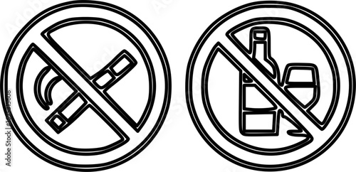 Two circular prohibition signs, one depicting a cigarette and the other a bottle and glass, indicating no smoking and no alcohol.