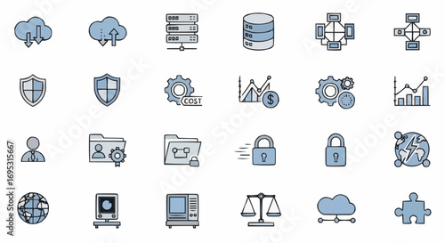 Explore cloud computing and data management icons for technology solutions and business intelligence services vector