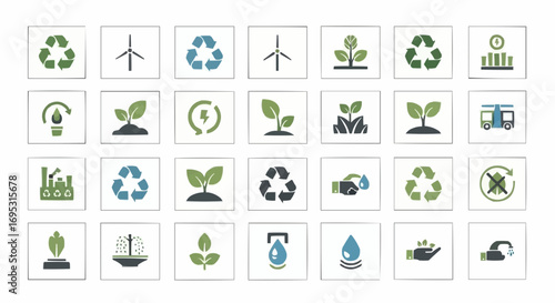Eco friendly environment sustainability and renewable energy resources icons vector graphic design set design kit vector