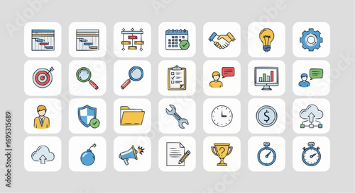 Project management planning strategy icons set workflow timeline schedule business tools and development process vector