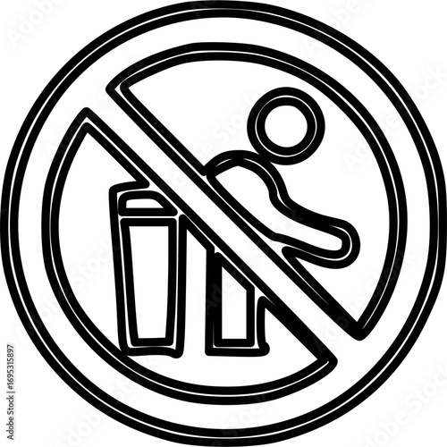 Black and white outline icon of a no littering sign, depicting a person discarding trash into a bin with a prohibitory circle and diagonal line.