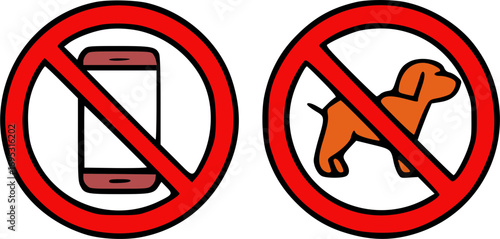 No phones and no dogs allowed signs.
