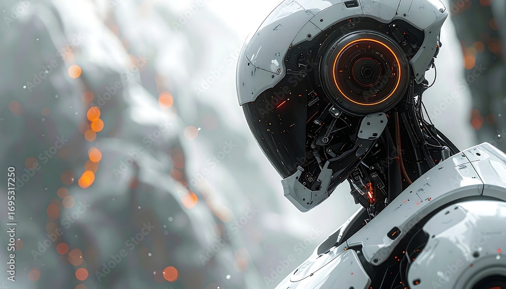 Fototapeta premium Futuristic robot head in a snowy landscape