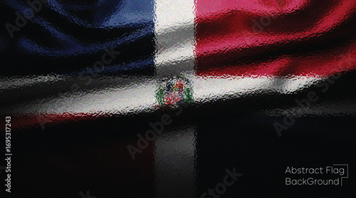 Flag of the Dominican Republic with a dramatic abstract glass distortion. National banner on a dark background for patriotism and sports