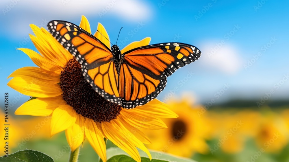 Fototapeta premium Vibrant Monarch Butterfly on Bright Sunflower Against Blue Sky