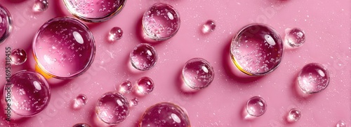 Close-up of many round water droplets on a pink surface
