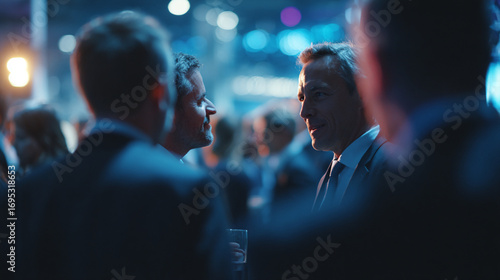 Business professionals networking at a corporate event with blurred background