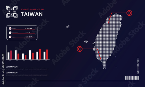 Rounded square dot map of Taiwan with infographic presentation template use for design element
