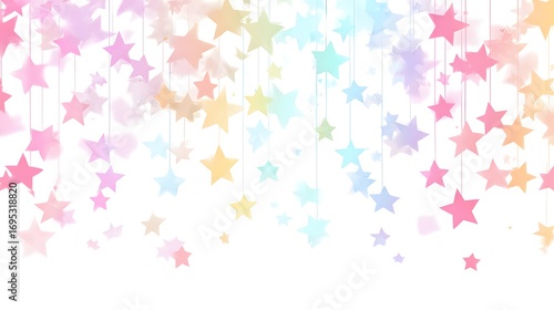 A whimsical display of pastel-colored stars, hanging like decorations, creates a cheerful and airy ambiance.