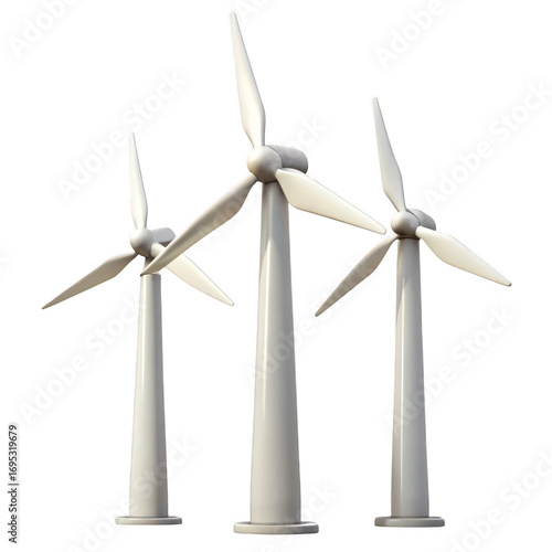 Three modern wind turbines generating clean renewable energy in a field at sunset light