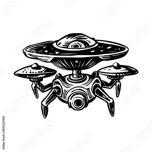 A vintage style illustration depicting an alien drone