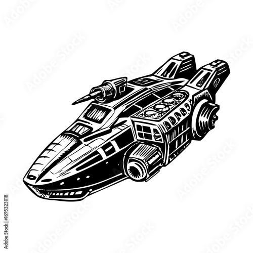 A vintage style illustration showing a space cruiser