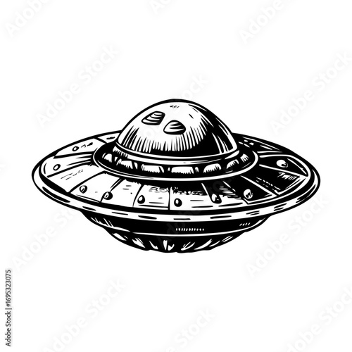 A vintage style illustration showing a flying saucer