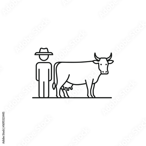 Illustration of a farmer standing next to a cow, the line art style is simple and clean, perfect for icons, logos, or educational materials