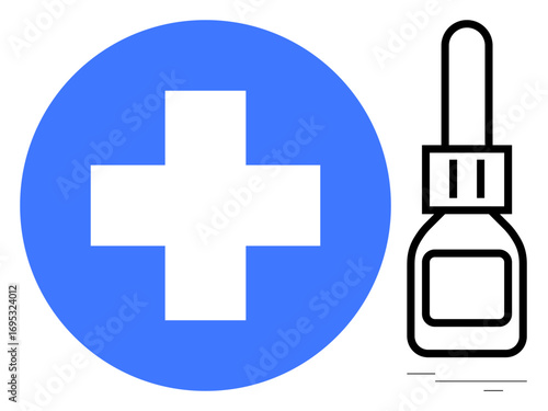 Blue medical cross and dropper bottle emphasizing healthcare, medication, and treatment. Ideal for healthcare, pharmaceuticals, safety, wellness, medical care treatments and solutions. Simple flat