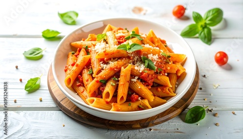 Delicious penne pasta with tomato sauce, fresh basil and parmesan cheese plating