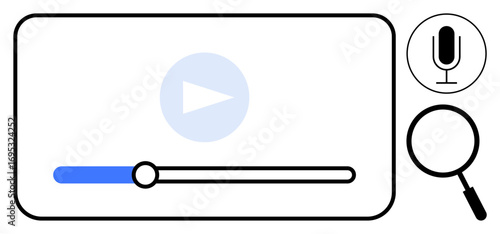 Multimedia player interface with playback bar, play button, magnifier for search, and microphone for voice input. Ideal for streaming, user interface, mobile app, multimedia, technology