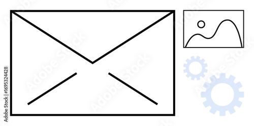 Envelope symbolizing email messaging, photo representing multimedia integration, and gears denoting functionality. Ideal for communication, digital processes, workflow, email marketing, efficiency