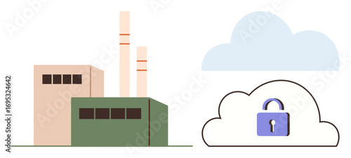 Factory building with chimneys next to a cloud with a lock, symbolizing cybersecurity, energy, sustainability, and industrial data integration. Ideal for technology, manufacturing, security, energy