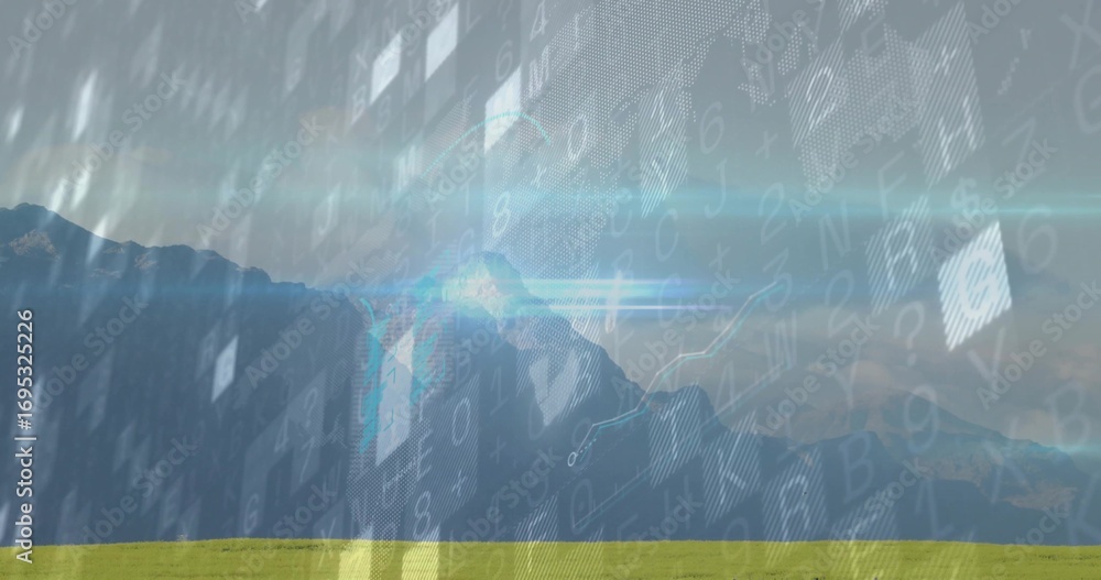 Obraz premium Showing mountain peaks rising above grassy meadow under blue sky featuring code overlay and flares