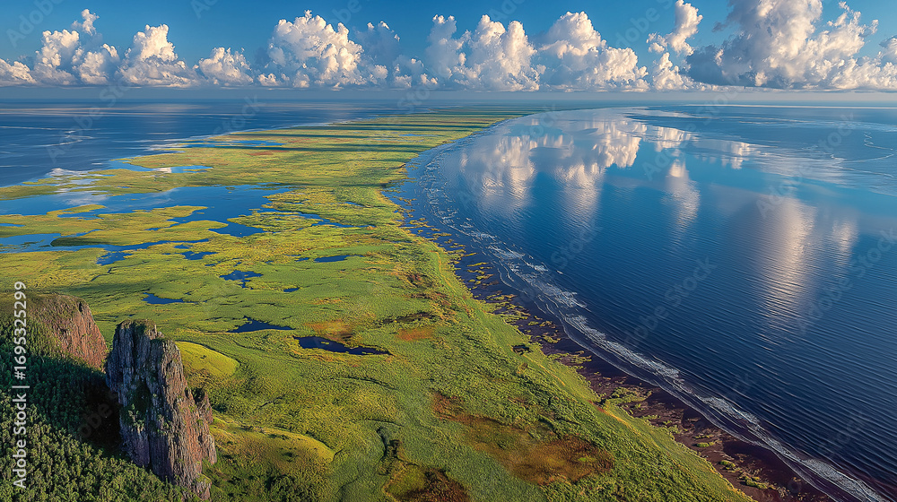 Obraz premium Scenic View of Coastline and Reflected Clouds