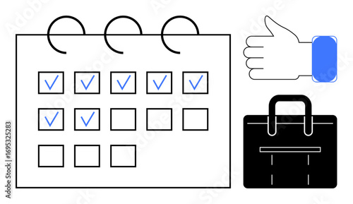 Calendar with check marks, briefcase, hand indicating approval, and task management. Ideal for planning, productivity, business, organization, meeting preparation goal setting work-life balance