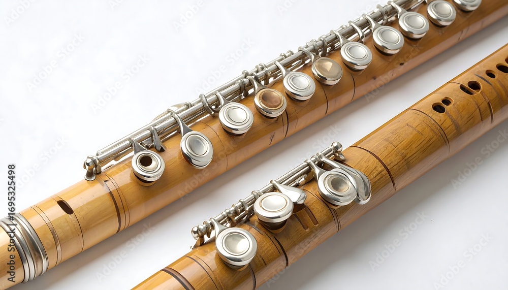 Naklejka premium Two antique, light brown wooden flutes, detailed with silver metal keys and markings, displayed against a white background.