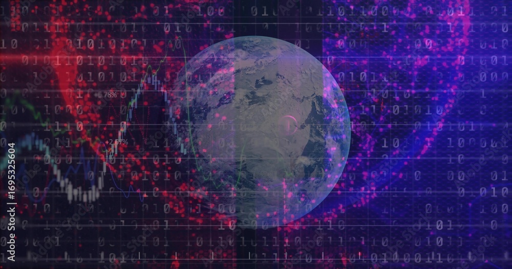 Fototapeta premium Rotating Earth globe showing data streams in tech grid, with binary code and red clusters