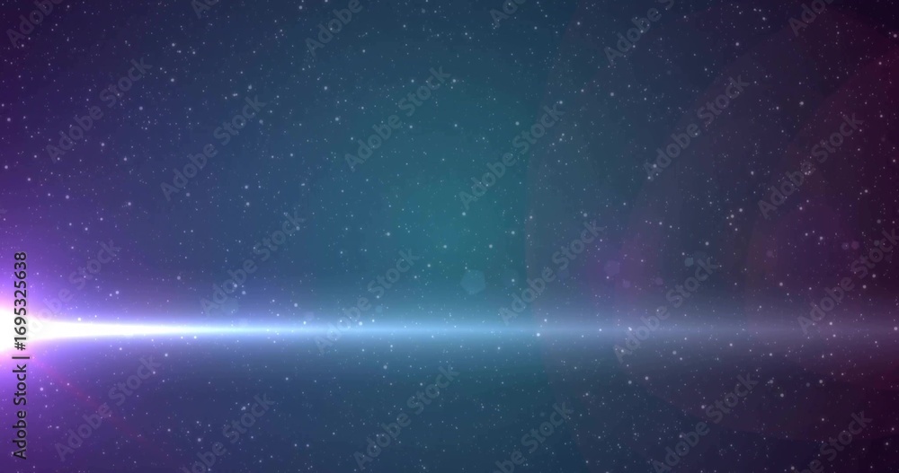 Naklejka premium Shining bright horizontal light beam stretching across outer space, with lens flare and starfield