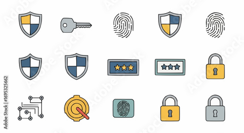 Security icons set featuring shield, key, fingerprint, lock, password, target, and circuit board elements vector