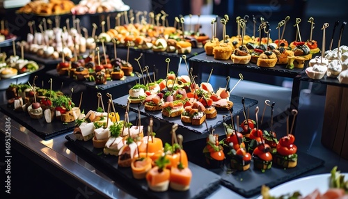 A buffet of small, colorful appetizers on dark trays