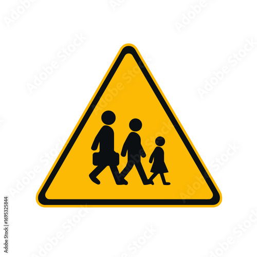 Yellow triangular warning sign with pedestrian silhouettes an adult and a child, indicating a crossing for road safety