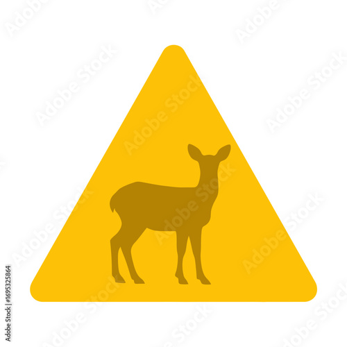 Triangular Yellow Sign with Deer Silhouette, Alerting Drivers to Potential Wildlife Hazards Ahead on Roads