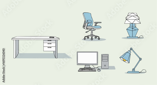 Illustration of office desk computer chair and lamps for interior design and workplace organization ideas vector