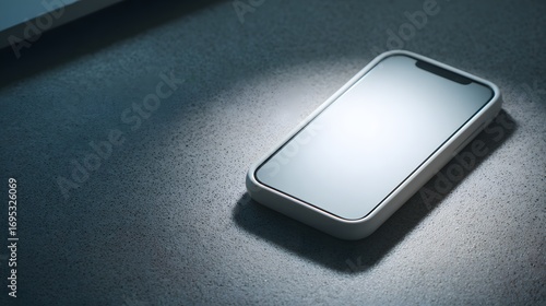 Fotografie A stylish white smartphone rests on a textured, gray surface, highlighted by a soft light source